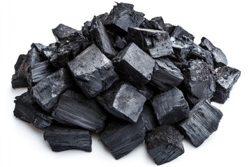 Fototapeta premium A Pile of Black Charcoal Briquettes on a White Background