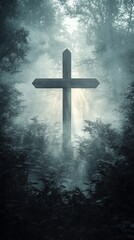 Fototapeta premium Cross Forest Chapel Christianity Religion Spiritual Symbol - Generative AI