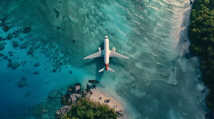 Tropical Aerial Airplane Soaring Over Turquoise Ocean Coastline