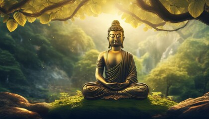 Mindfulness Scene- A Buddha figure meditating amidst nature, like under the Bodhi tree, symbolizing mindfulness, peace, and inner calm
