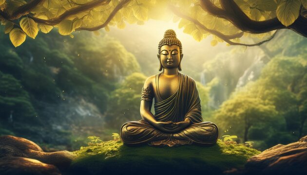 Mindfulness Scene- A Buddha figure meditating amidst nature, like under the Bodhi tree, symbolizing mindfulness, peace, and inner calm