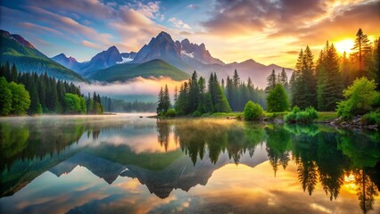 Serene misty morning landscape with majestic mountains, lush green forests, and a calm lake reflecting the vibrant colors of the rising sun.