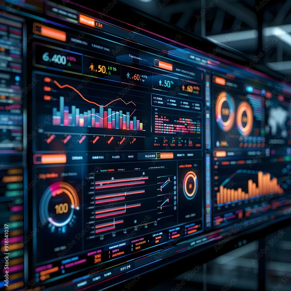 Poster futuristic digital dashboard displaying real time financial data and analytics