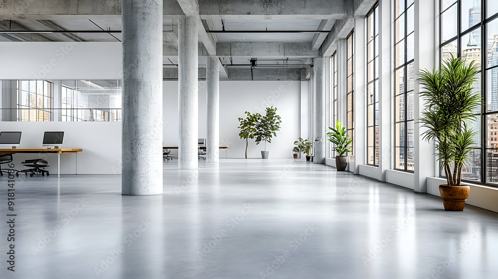 Poster modern open plan office with large windows and concrete columns.