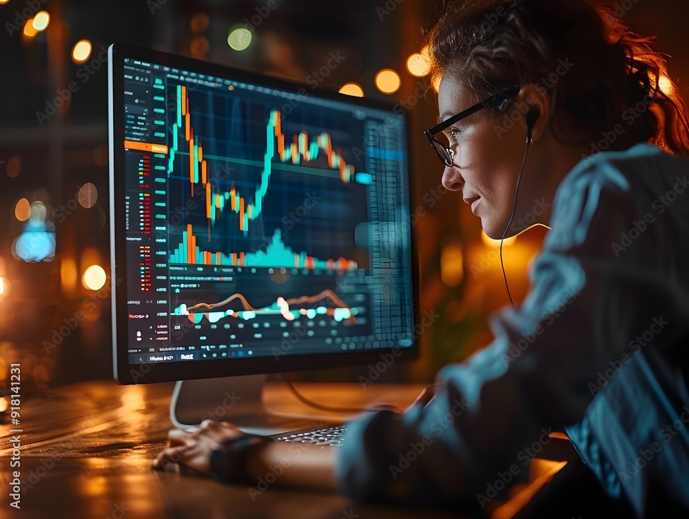 Poster focused financial analyst examining market data on computer display in dimly lit office