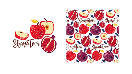 Rosh Hashanah backgrounds. Shana Tova Calligraphy lettering Card with apple and pomegranate composition and seamless pattern. Jewish New Year Holiday. For greeting card, Holiday design, invitation.
