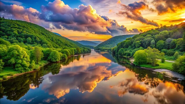 Serene sunset over the rustic Delaware River landscape in New Jersey, with lush green forests, rolling hills, and misty clouds reflecting off the calm water.