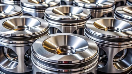 shiny metallic pistons with intricately machined surfaces and rings, assembled and ready for installation in a modern vehicle or machinery.