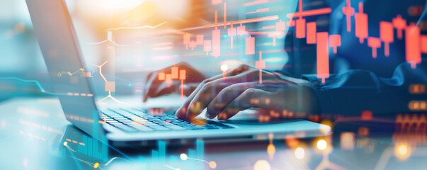 Hands Typing on Laptop with Stock Market Chart Overlay