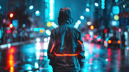 Windbreaker with reflective strips shining under city lights
