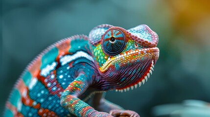 Obraz premium Vibrant and Camouflaged Chameleon on a Branch Blending into its Natural Habitat