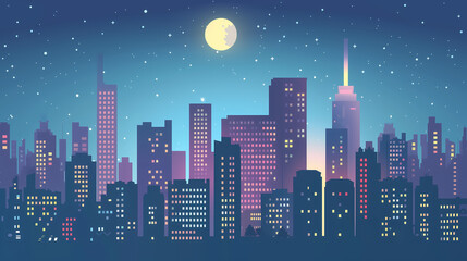 Naklejka premium Illustration of a City Nightscape with a Moon, Minimalist and Serene Flat Color Design