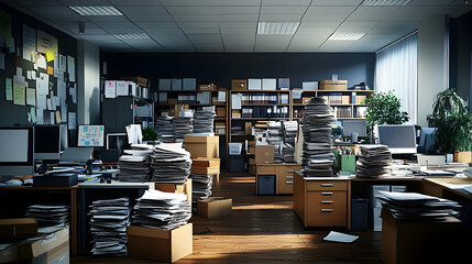 Overwhelmed office space with stacks of paper.
