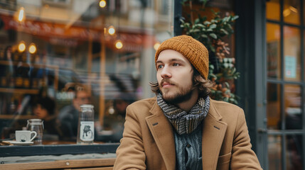 Fototapeta premium Stylish man in Europe cafe wear trendy beanie on morning