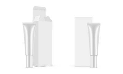 Packaging Mockup For Cream Or Balm. Paper Box and Plastic Tube, Front And Side View, Isolated On White Background. Vector Illustration