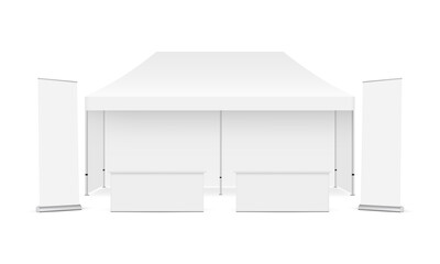 Outdoor Trade Show Booth Mockup. Rectangular Tent With Demonstration Tables and Rollups. Vector Illustration