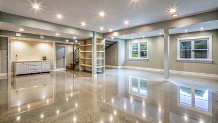 Sparkling clean basement with organized shelves, freshly painted walls, and a newly installed epoxy-coated concrete floor, illuminated by soft natural light filtering through the window.