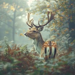 Fototapeta premium Majestic Deer Amid Misty Forest Backdrop Wildlife Portrait Concept