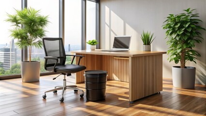 Fototapeta premium Sparkling clean wooden desk with shiny black chair, trash can, and potted plants, surrounded by a spotless floor in a modern corporate office setting.