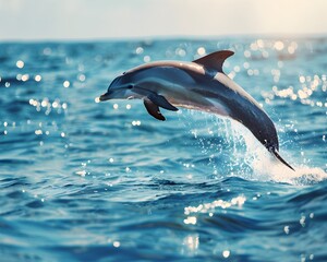 Fototapeta premium Playful Dolphin Mid Jump Against Sparkling Ocean Backdrop