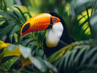 Naklejka premium Vibrant Toucan Perched Amidst Lush Tropical Foliage Wildlife Portrait Concept