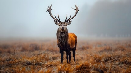 Obraz premium Majestic Stag Standing Proud in Misty Meadow Captivating Wildlife Portrait