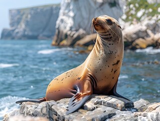 Obraz premium Playful Sea Lion Basking on Rocky Shore with Ocean Backdrop