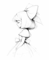 Expressive hand-drawn sketches of young girls in various outfits and poses, characterized by rough, minimalist lines, capturing the innocence and curiosity of childhood