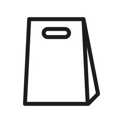 Illustration showing a black icon of a paper shopping bag, isolated on a white background.