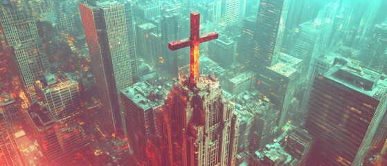Cross City Crossroads Christianity Religion Spiritual Symbol - Generative AI