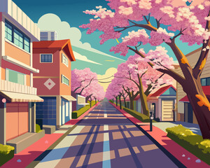 Cherry Blossom Streets landscape anime style