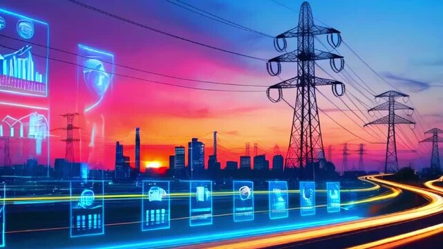 Digital interface with charts and data overlaid on cityscape with powerlines and towers during sunset. - Powered by Adobe