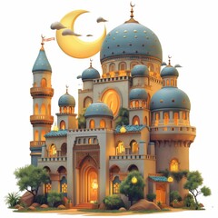 Fototapeta premium An enchanting illustration of a moonlit castle with blue domes and golden lights, evoking a magical and serene atmosphere reminiscent of a fairy tale.