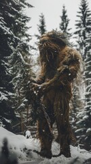 Realistic live troll in the forest in winter season with snow. The creature emerges from underground