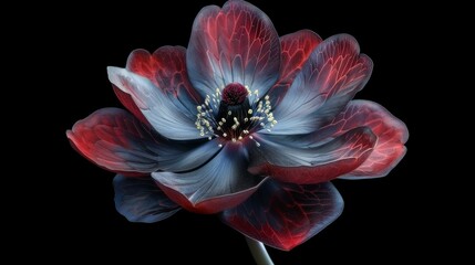 The dramatic dark red and blue flower stands out with its intricate petal details.