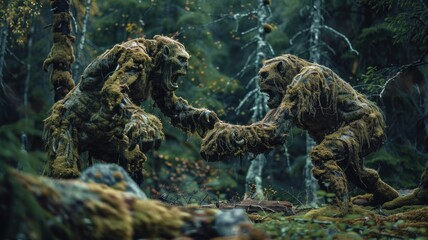 Obraz premium Realistic living two fighting for territory trolls in the forest in Norway