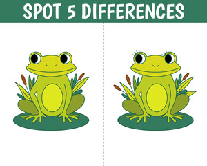 Cute frog in cartoon style. Find 5 differences. Educational matching animal game for children. Printable worksheet with solution for school and preschool.