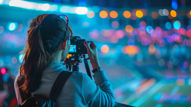 Sports photographer. Woman takes pictures of events at a sporting event using a camera. At stadium. Back view 