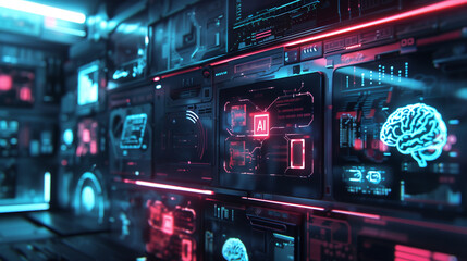 Obraz premium A series of television screens displaying concepts related to AI and digital technology, such as robotic arms or holographic projections.