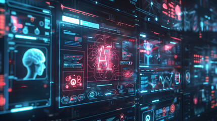 A series of television screens displaying concepts related to AI and digital technology, such as robotic arms or holographic projections.