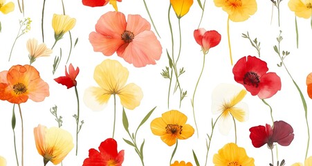 Pressed flowers with a watercolor effect on a white background, ideal for artistic and elegant designs.