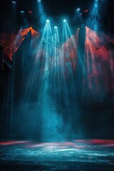 Dramatic Stage Lighting with Colorful Spotlights and Smoke Effects in a Dark Theater Setting