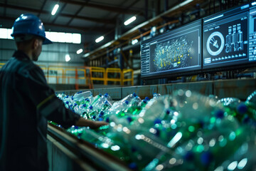 Worker monitors plastic bottle recycling process at industrial factory. Conveyor belt with plastic bottles