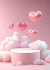 3d white podium with pink heart flying around, valentine's day theme background with love clouds