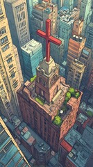 Naklejka premium Cross City Crossroads Christianity Religion Spiritual Symbol - Generative AI