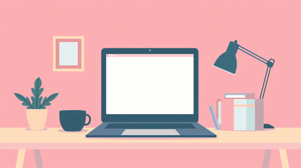 Illustration of a Desk with Laptop, Flower, Cup, Books, and Table Lamp, Simple Flat Color Design