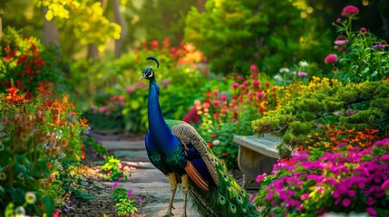 Obraz premium Peacock in a Colorful Garden