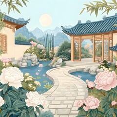  Chinese garden with flowers and house