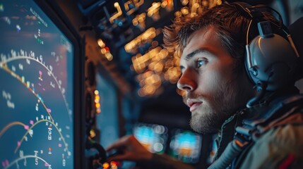 Obraz premium Focused pilot monitors aircraft controls and navigational instruments in a dimly lit cockpit during a flight.
