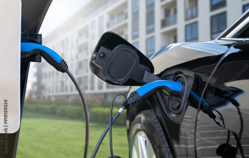 Wall mural Close up of electric car inlet with a connected charging cable